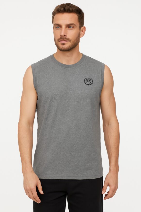 Grey Sleeveless Gym Tee With Front Logo