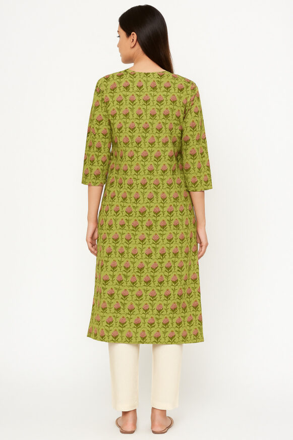 Green Floral Cotton Kurta - Image 4