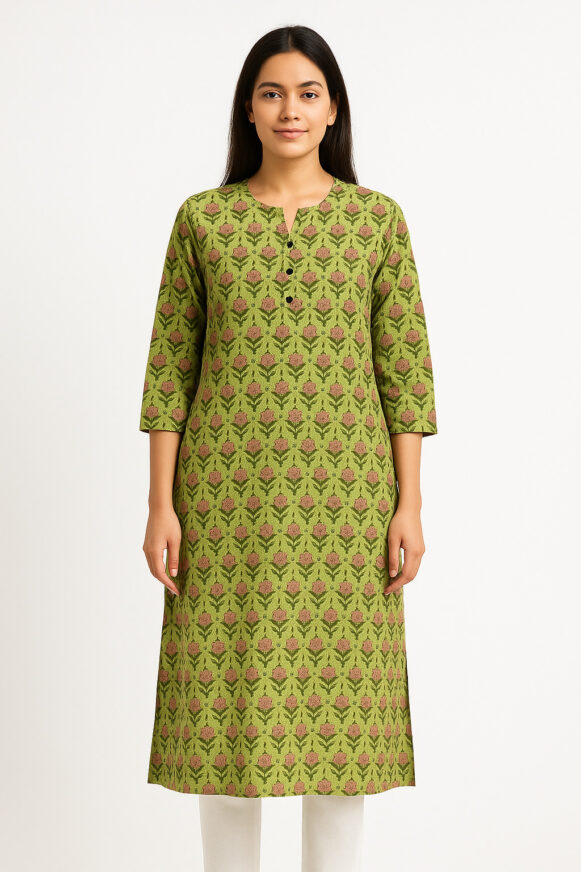 Green Floral Cotton Kurta
