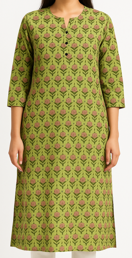 Green Floral Cotton Kurta - Image 3