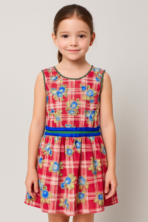 Girls' Red Check Floral Cotton Dress