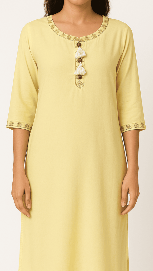 Embroidered Lemon Yellow Cotton Kurta