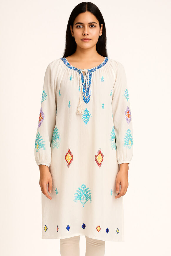 White Multicolor Embroidered Tunic Dress