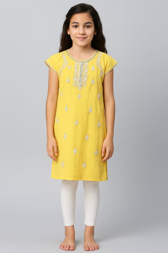 Girls' Yellow Embroidered Kurti