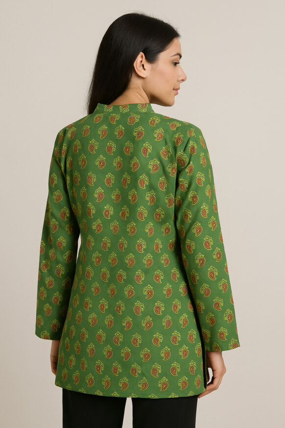 Green Printed Long-Sleeve Cotton Kurta - Image 4