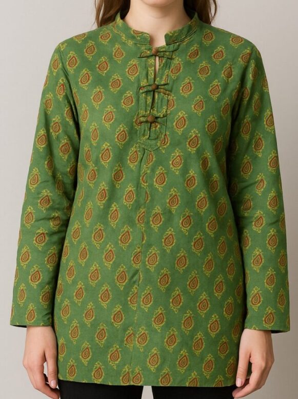 Green Printed Long-Sleeve Cotton Kurta - Image 3