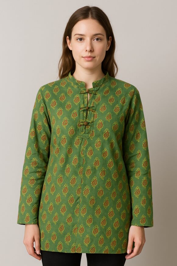 Green Printed Long-Sleeve Cotton Kurta