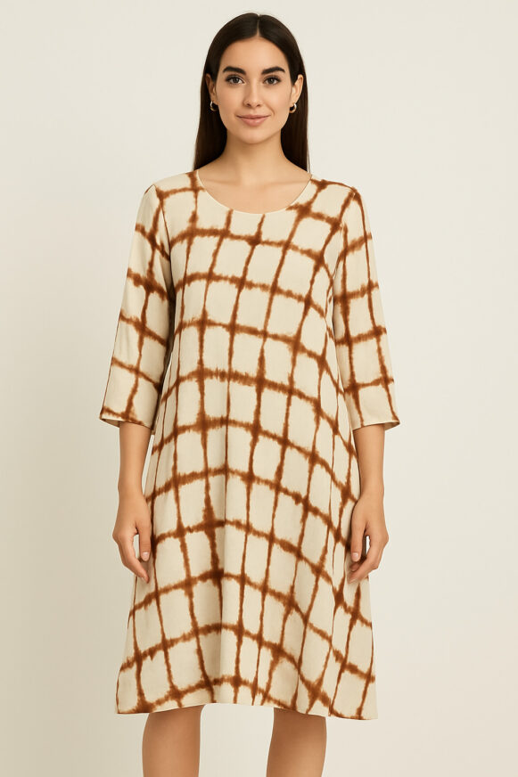 Cream-Brown Tie-Dye A-Line Dress costumepeti