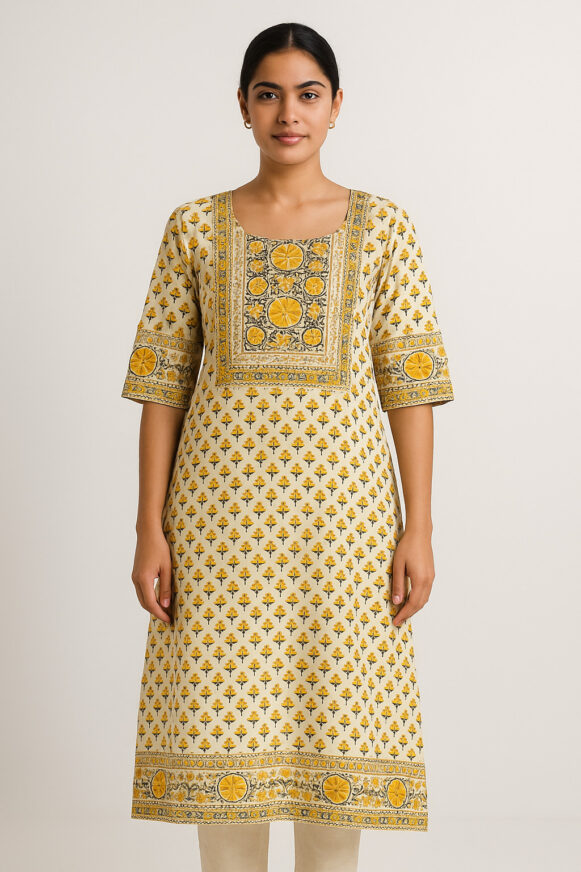 Yellow Block Print Kurta