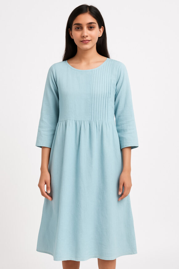 Light Blue Solid Round Neck Dress