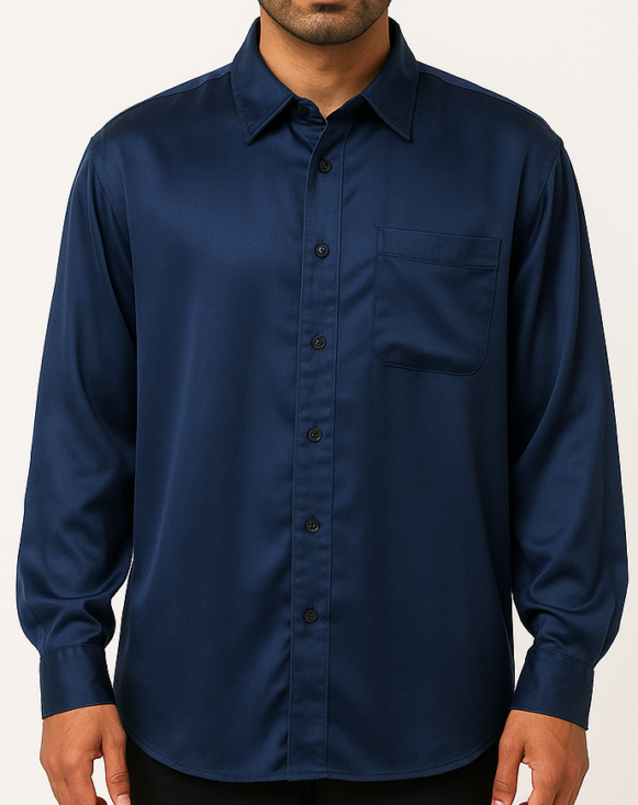 Navy Satin Loose-Fit Shirt For Men