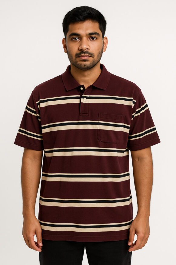 Dark Maroon Striped Polo T-Shirt For Men