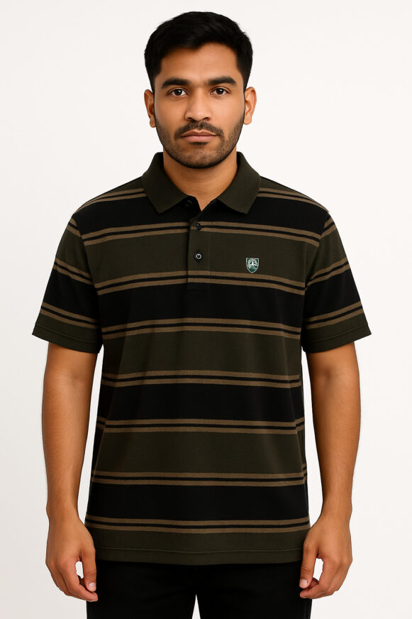 Olive Green and Black Striped Polo T-shirt