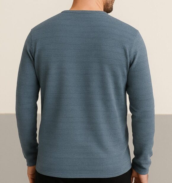 Textured Blue Crew Neck T-Shirt - Image 3