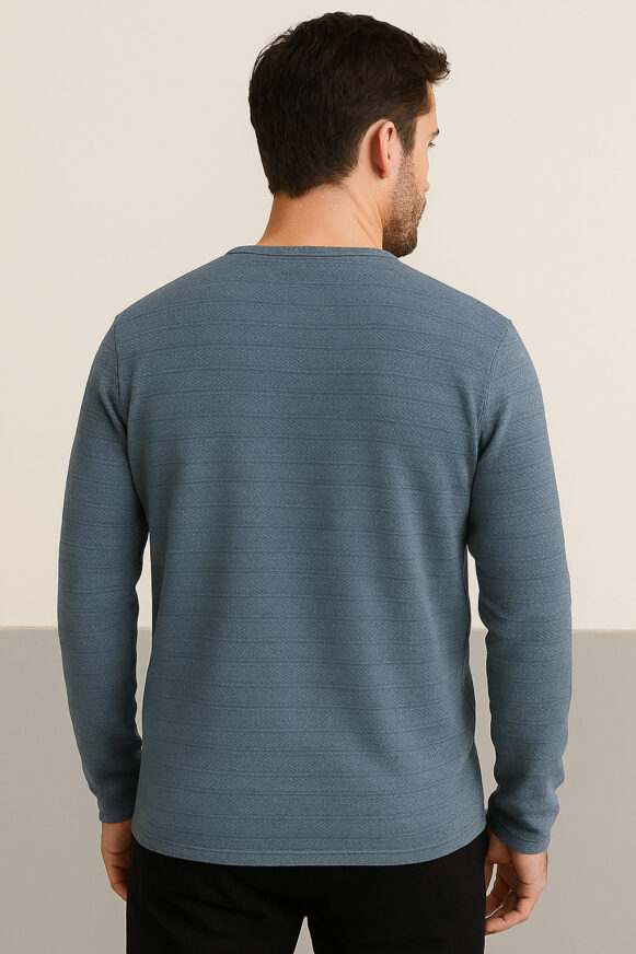 Textured Blue Crew Neck T-Shirt - Image 4