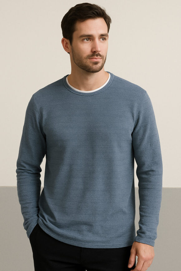 Textured Blue Crew Neck T-Shirt