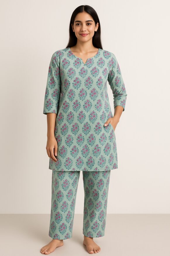 Floral Cotton Nightwear Set - Mint Green
