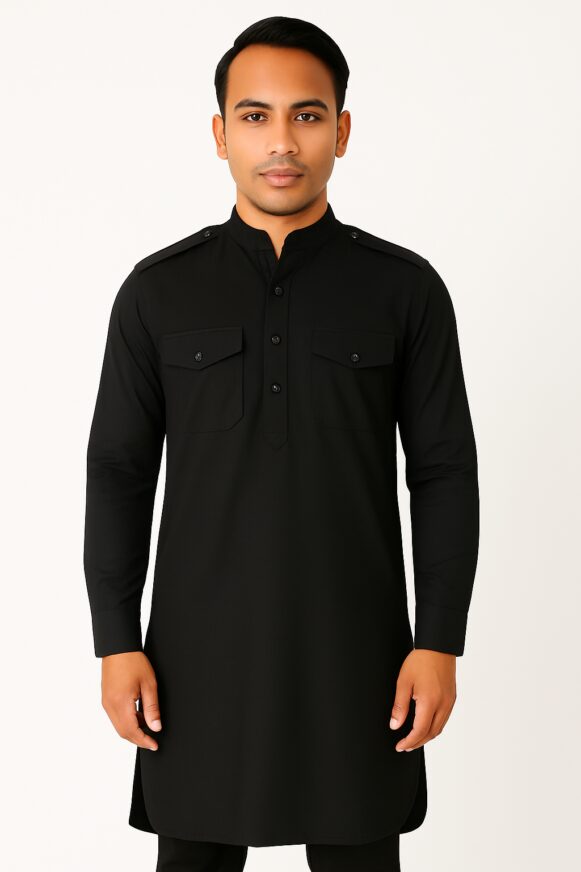 Black Military-Style Kurta Shirt for Men