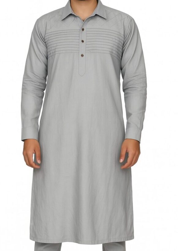 Light Grey Pintuck Kurta For Men - Image 3