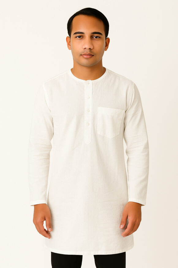 White Round Neck Kurta – Men’s
