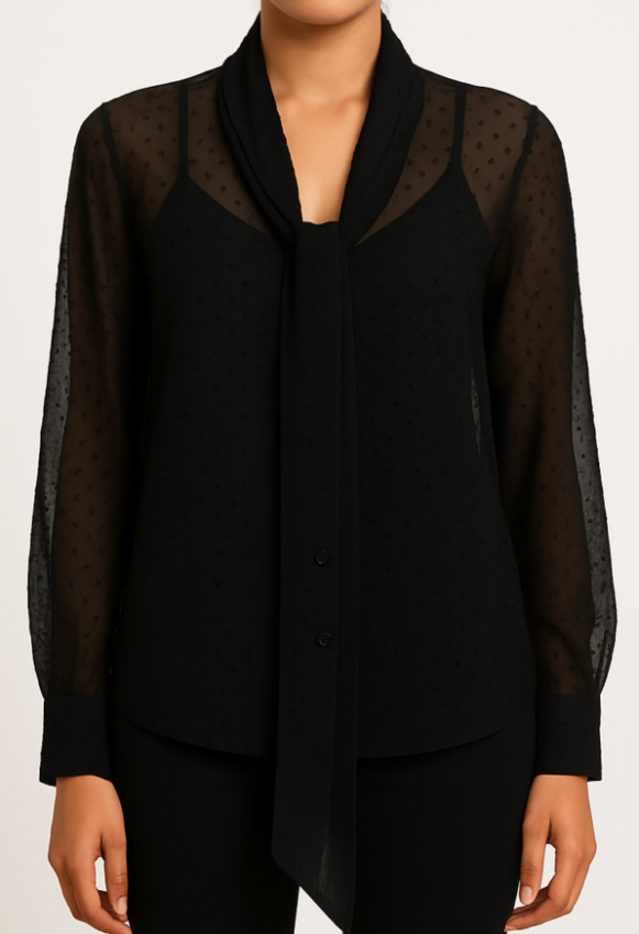 Black Sheer Sleeve Tie-Neck