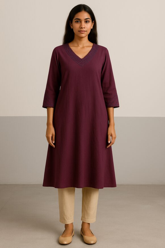 Maroon V-Neck Kurta with Beige Pants