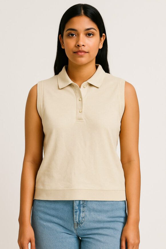 Beige Solid Sleeveless Polo Collar Top