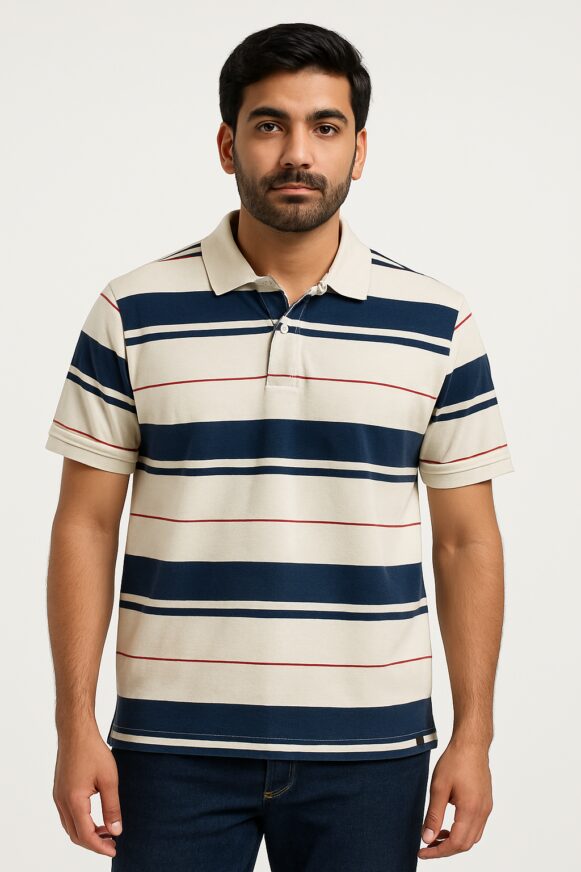Striped Polo T-Shirt – Beige/Navy