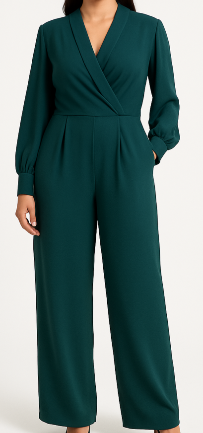 Dark Green Solid V-Neck Long Sleeve Jumpsuit