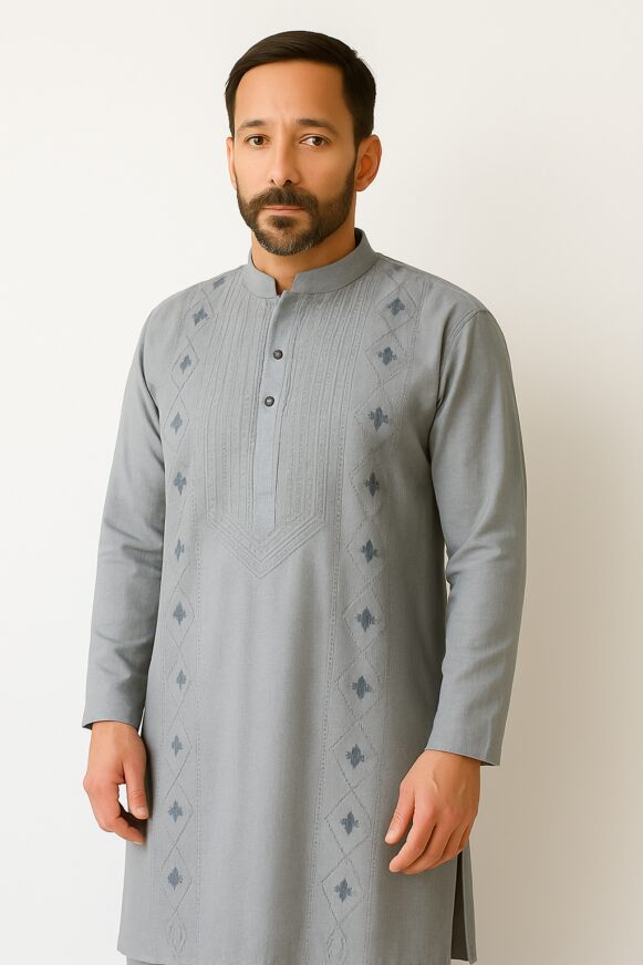 Men’s Grey Embroidered Cotton Kurta
