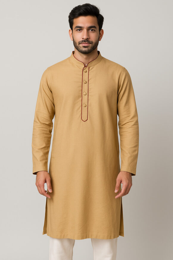Camel Beige Contrast Placket Kurta