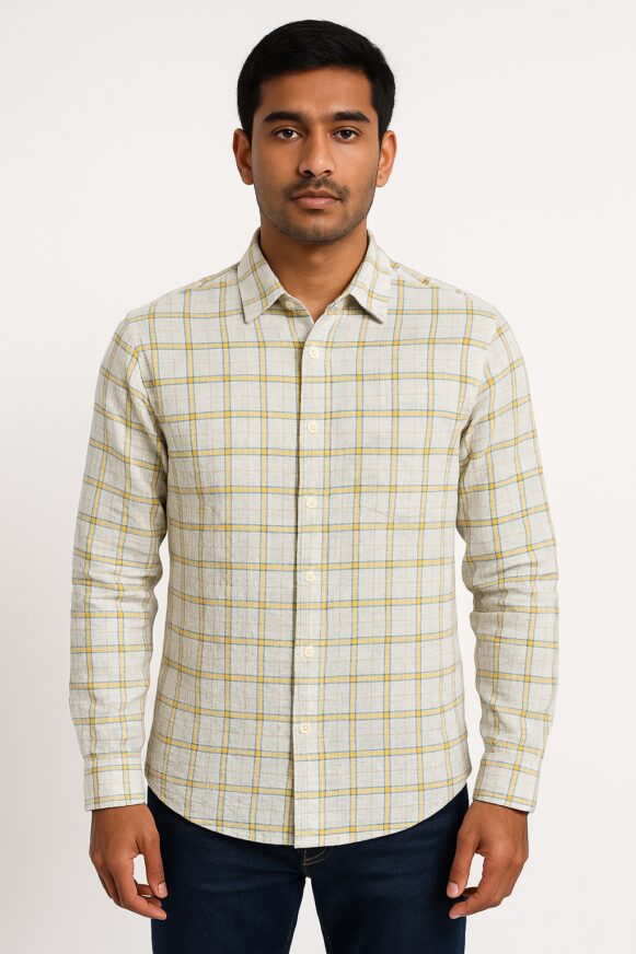 Men's Light Beige Checked Casual Shirt