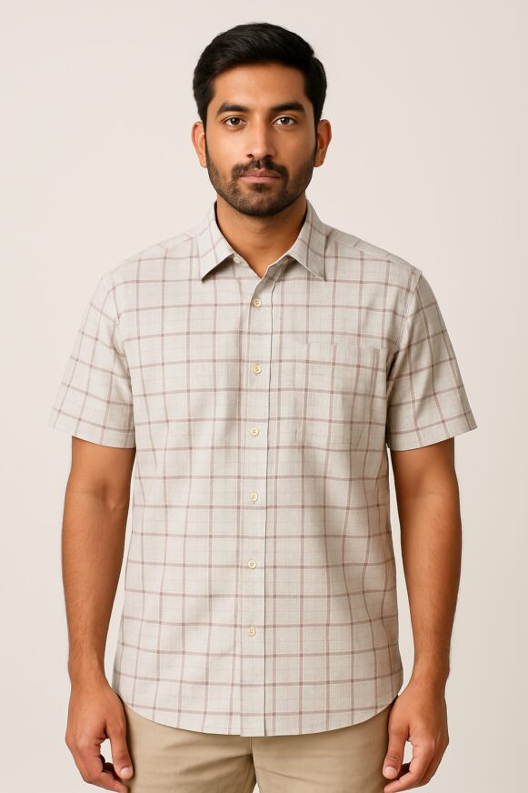 Beige Checkered Cotton Short Sleeve Shirt