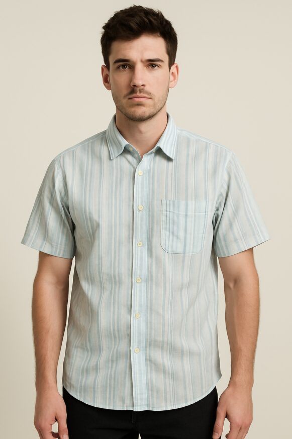 Light Blue Striped Cotton Short Sleeve Shirt