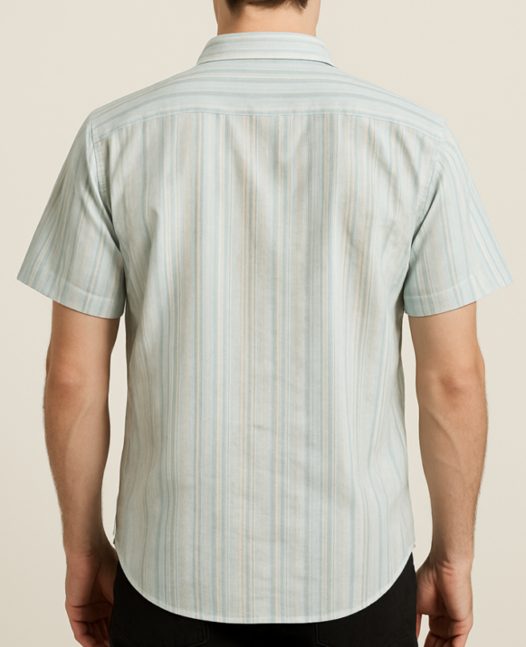 Light Blue Striped Cotton Short Sleeve Shirt - Image 3