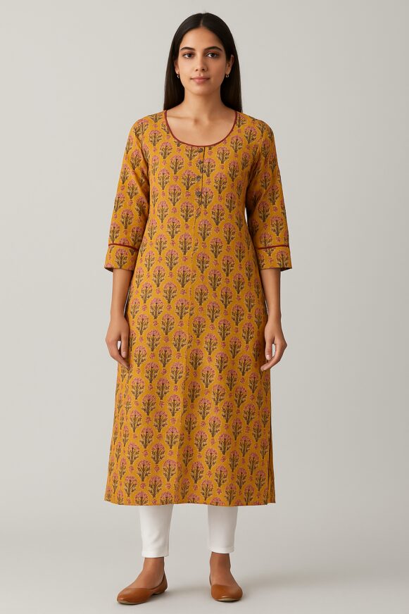 Mustard Floral Block Print Kurta