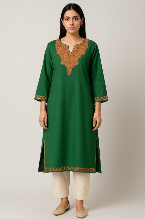 Green Embroidered Cotton Kurta