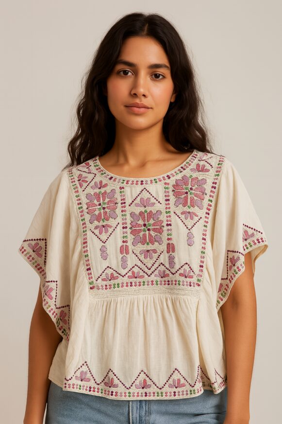 Ivory-Embroidered Cotton Kaftan Top