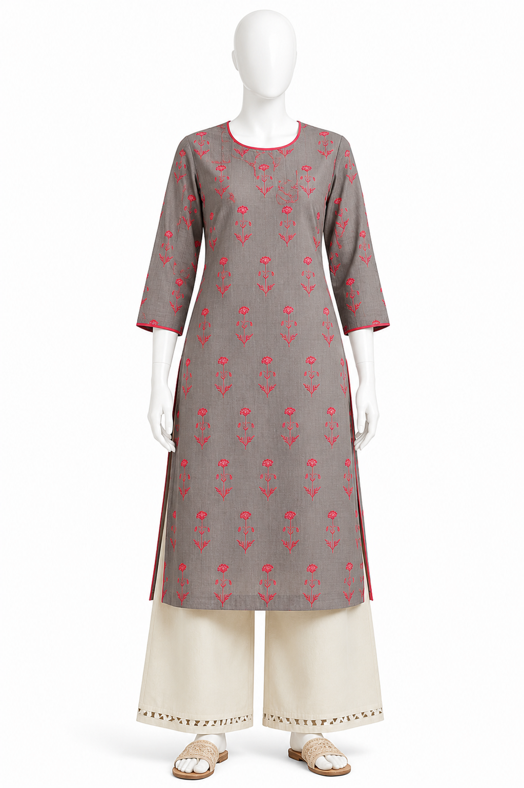 Grey Floral Printed Straight Kurta