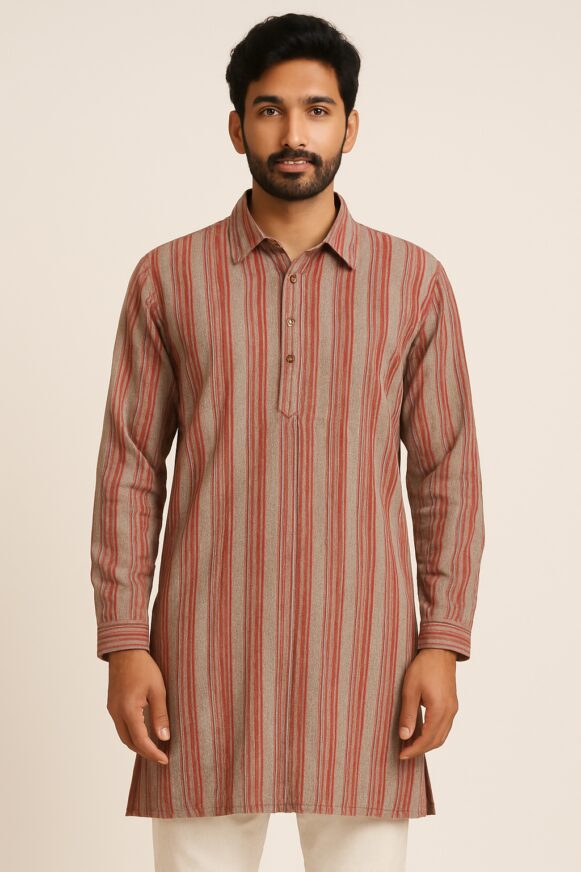 Rust Beige Striped Long Cotton Kurta