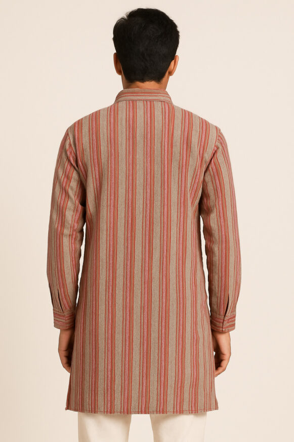 Rust Beige Striped Long Cotton Kurta - Image 4
