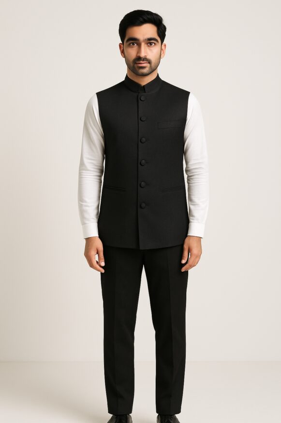 Black Solid Mandarin Collar Nehru Jacket