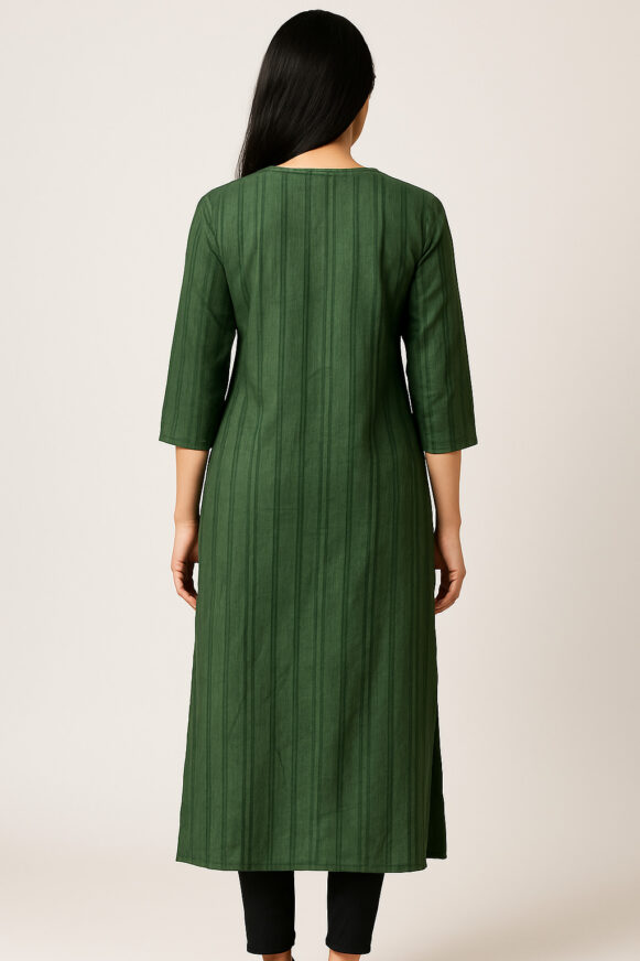 Emerald Green Striped Cotton Kurta with Buttoned Placket - Image 3