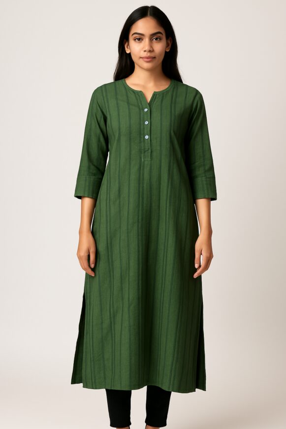 Emerald Green Striped Cotton Kurta with Buttoned Placket