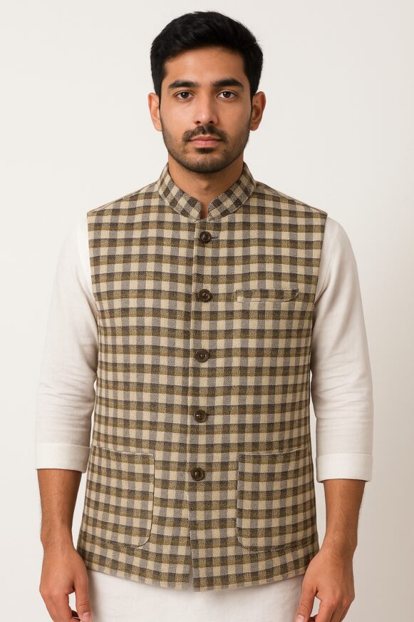 Checked Nehru Jacket with Mandarin Collar