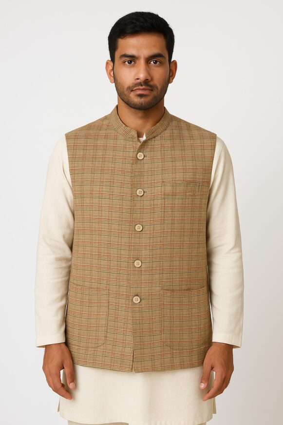 Handloom Cotton Checked Nehru Jacket