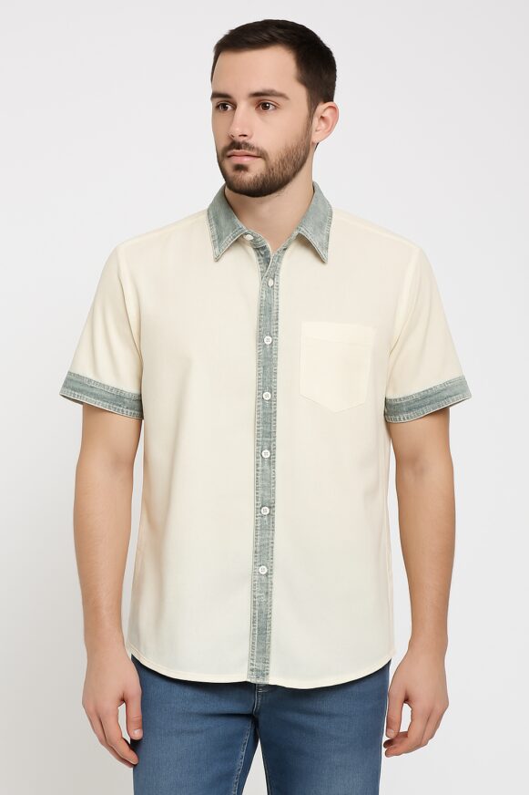 Men’s Cream-Green Casual Shirt