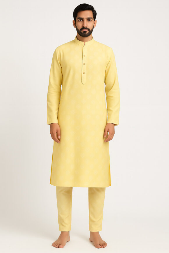 Yellow Jacquard Kurta For Men