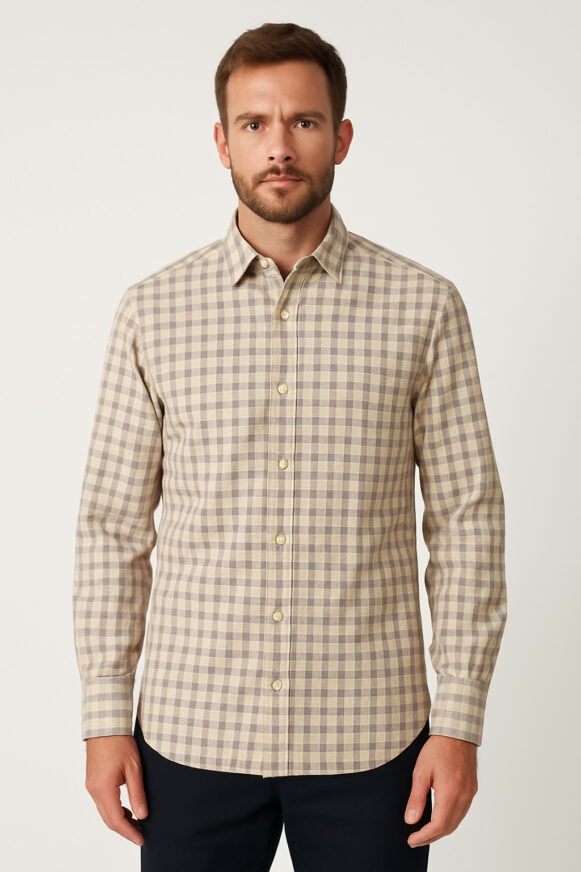 Beige & Grey Checked Cotton Shirt