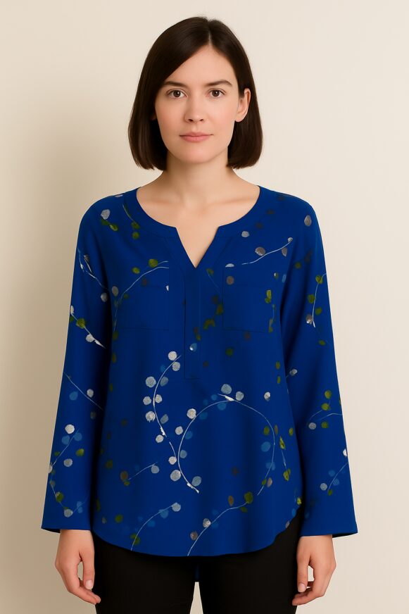 Blue Printed Split Neck Long Sleeve Top - Cosumepeti